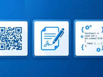 Ext JS 8.0 enterprise framework tutorial showing QR code generation and digital signature capture components