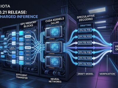 vLLM v0.21.0 featured image showing GPU memory blocks and speculative decoding pipeline with blue and white tech visualization