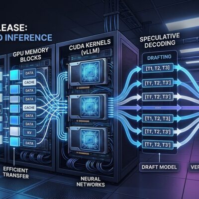 vLLM v0.21.0 featured image showing GPU memory blocks and speculative decoding pipeline with blue and white tech visualization
