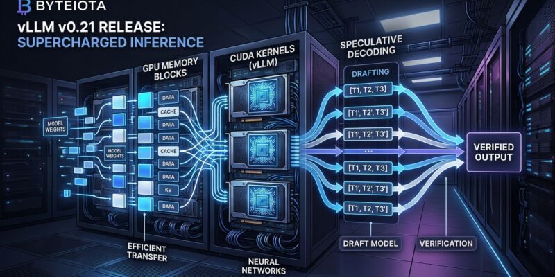 vLLM v0.21.0 featured image showing GPU memory blocks and speculative decoding pipeline with blue and white tech visualization
