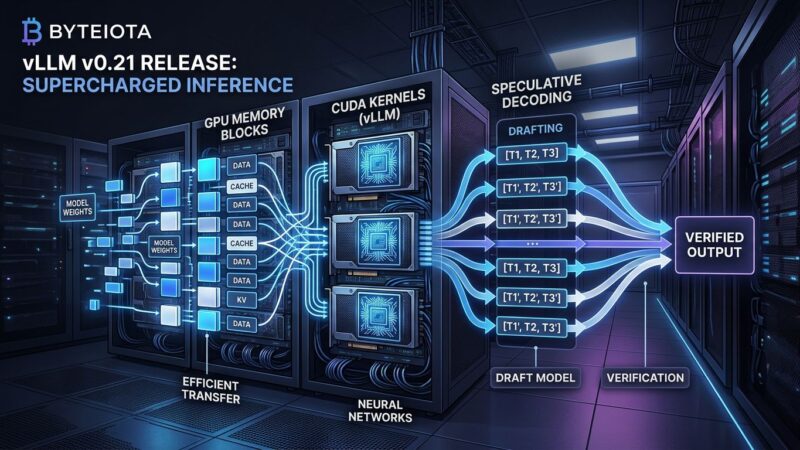 vLLM v0.21.0 featured image showing GPU memory blocks and speculative decoding pipeline with blue and white tech visualization
