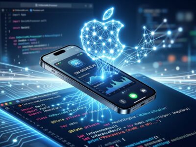 Apple iPhone with Swift code editor showing Foundation Models framework on-device AI processing with glowing neural network connections in blue and white