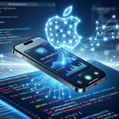 Apple iPhone with Swift code editor showing Foundation Models framework on-device AI processing with glowing neural network connections in blue and white