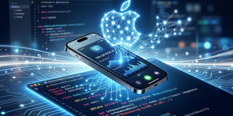 Apple iPhone with Swift code editor showing Foundation Models framework on-device AI processing with glowing neural network connections in blue and white