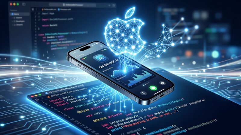 Apple iPhone with Swift code editor showing Foundation Models framework on-device AI processing with glowing neural network connections in blue and white