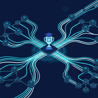 Abstract visualization of OpenTelemetry observability data flow with traces metrics and logs in blue and white ByteIota brand colors