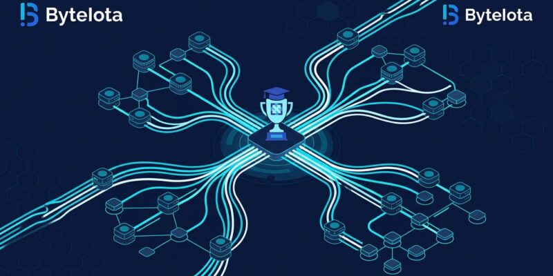 Abstract visualization of OpenTelemetry observability data flow with traces metrics and logs in blue and white ByteIota brand colors