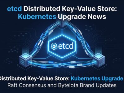 Abstract visualization of etcd distributed nodes connected by blue data streams representing the Kubernetes key-value store upgrade to v3.7
