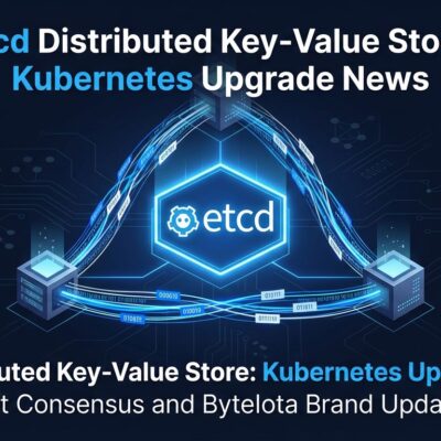 Abstract visualization of etcd distributed nodes connected by blue data streams representing the Kubernetes key-value store upgrade to v3.7