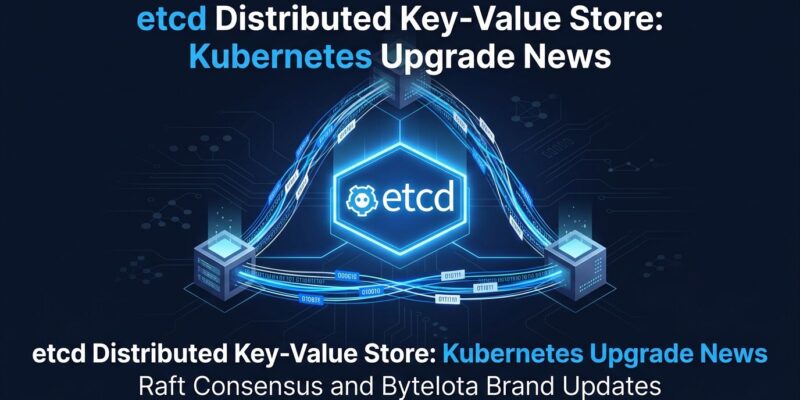 Abstract visualization of etcd distributed nodes connected by blue data streams representing the Kubernetes key-value store upgrade to v3.7