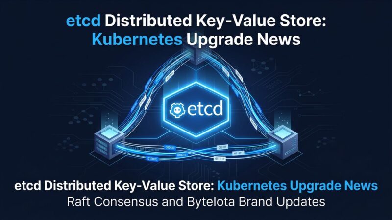 Abstract visualization of etcd distributed nodes connected by blue data streams representing the Kubernetes key-value store upgrade to v3.7