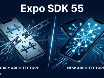 React Native smartphone split showing Legacy Architecture removed and New Architecture connections in Expo SDK 55
