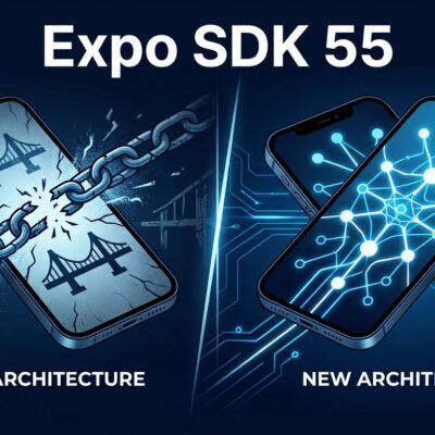 React Native smartphone split showing Legacy Architecture removed and New Architecture connections in Expo SDK 55