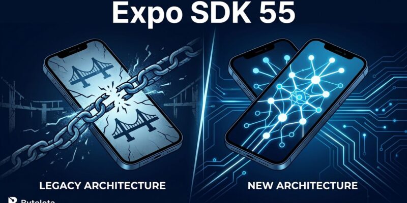 React Native smartphone split showing Legacy Architecture removed and New Architecture connections in Expo SDK 55
