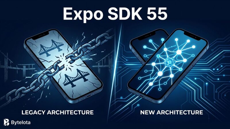 React Native smartphone split showing Legacy Architecture removed and New Architecture connections in Expo SDK 55