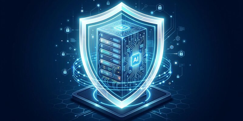 Secure enterprise server infrastructure inside a protective shield representing self-hosted AI coding agents
