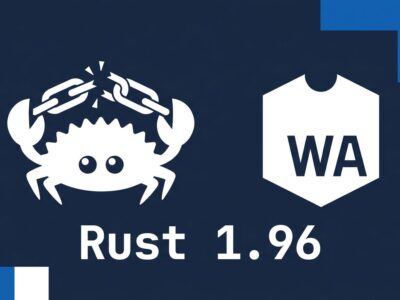 Rust Ferris crab beside WebAssembly logo with broken chain link symbolizing the Rust 1.96 wasm-ld breaking change