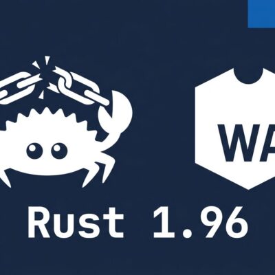 Rust Ferris crab beside WebAssembly logo with broken chain link symbolizing the Rust 1.96 wasm-ld breaking change
