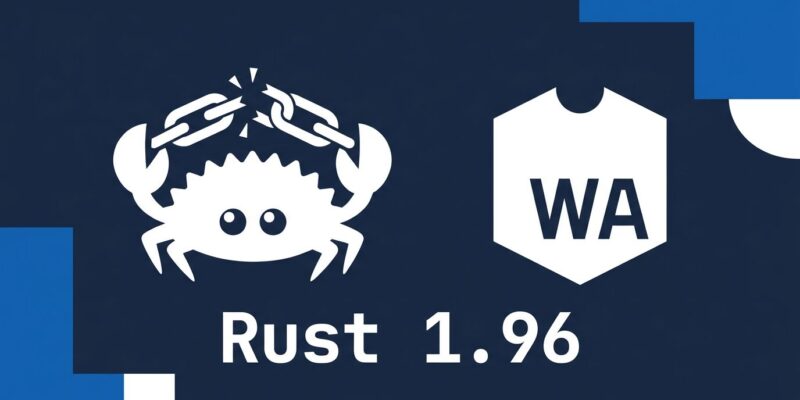 Rust Ferris crab beside WebAssembly logo with broken chain link symbolizing the Rust 1.96 wasm-ld breaking change