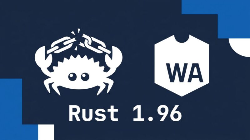 Rust Ferris crab beside WebAssembly logo with broken chain link symbolizing the Rust 1.96 wasm-ld breaking change