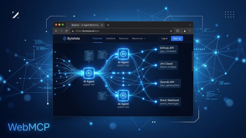 Chrome browser window with AI agent connection nodes illustrating WebMCP structured tool calls