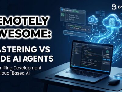 VS Code 1.121 remote AI agents running on cloud servers with SSH connection visualization in ByteIota blue and white brand colors