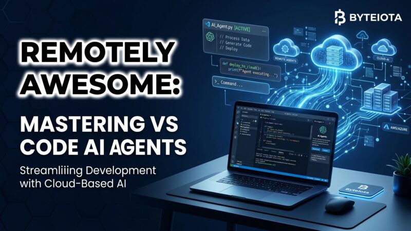 VS Code 1.121 remote AI agents running on cloud servers with SSH connection visualization in ByteIota blue and white brand colors