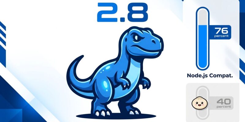 Deno 2.8 mascot with Node.js compatibility bar showing 76 percent, ahead of Bun at 40 percent