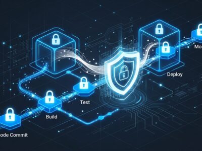 Secure CI/CD pipeline visualization showing locked workflow nodes, firewall shield, and data streams in blue and white