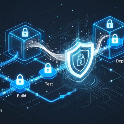 Secure CI/CD pipeline visualization showing locked workflow nodes, firewall shield, and data streams in blue and white