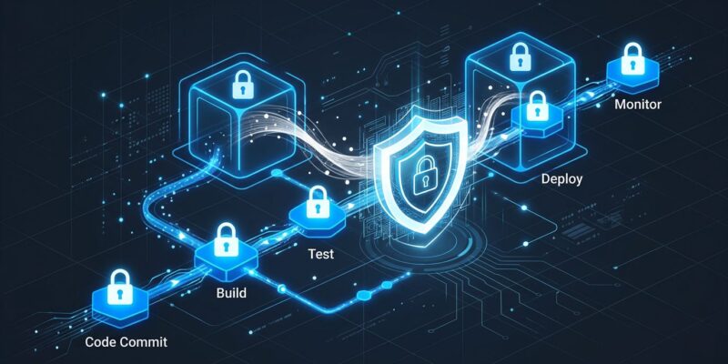 Secure CI/CD pipeline visualization showing locked workflow nodes, firewall shield, and data streams in blue and white