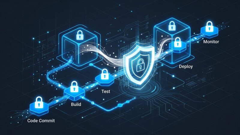 Secure CI/CD pipeline visualization showing locked workflow nodes, firewall shield, and data streams in blue and white