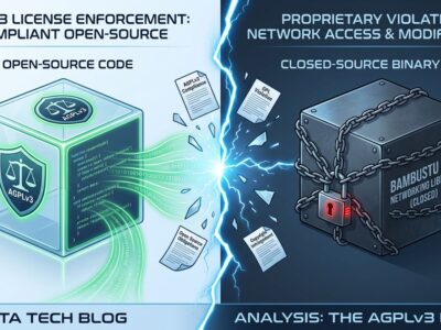Split-screen illustration showing open-source AGPLv3 license on the left versus Bambu Lab's closed-source networking binary on the right