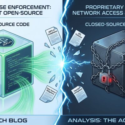 Split-screen illustration showing open-source AGPLv3 license on the left versus Bambu Lab's closed-source networking binary on the right
