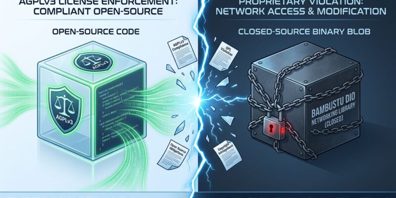 Split-screen illustration showing open-source AGPLv3 license on the left versus Bambu Lab's closed-source networking binary on the right