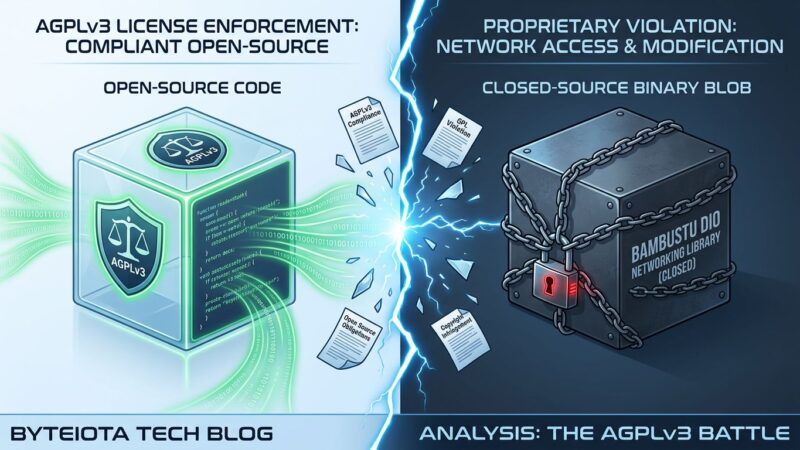 Split-screen illustration showing open-source AGPLv3 license on the left versus Bambu Lab's closed-source networking binary on the right