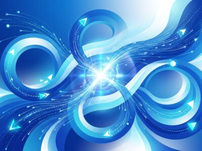 Abstract visualization of reinforcement learning AI with blue gradient loops and geometric shapes