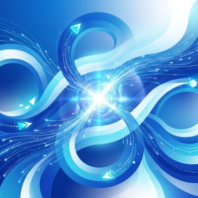 Abstract visualization of reinforcement learning AI with blue gradient loops and geometric shapes