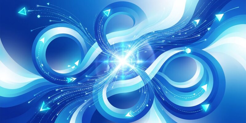 Abstract visualization of reinforcement learning AI with blue gradient loops and geometric shapes