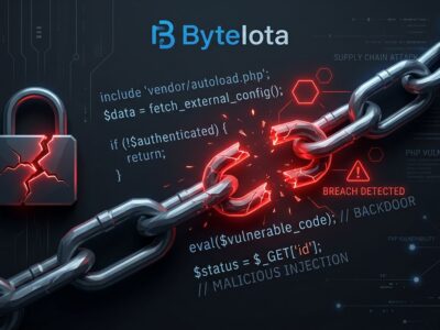Broken chain links with PHP code fragments and red warning indicators representing the Laravel-Lang supply chain attack