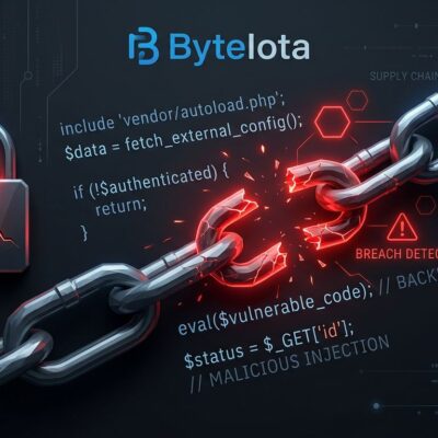 Broken chain links with PHP code fragments and red warning indicators representing the Laravel-Lang supply chain attack