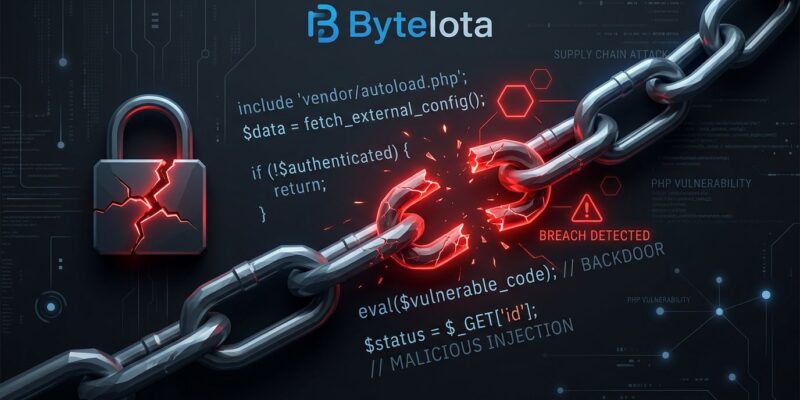 Broken chain links with PHP code fragments and red warning indicators representing the Laravel-Lang supply chain attack