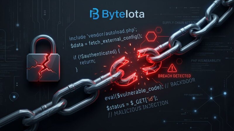 Broken chain links with PHP code fragments and red warning indicators representing the Laravel-Lang supply chain attack