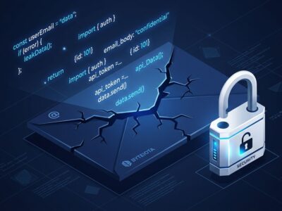 Cracked email envelope with JavaScript code fragments and open padlock representing Exchange OWA zero-day CVE-2026-42897
