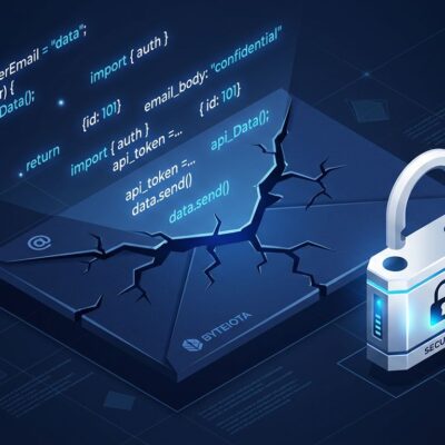 Cracked email envelope with JavaScript code fragments and open padlock representing Exchange OWA zero-day CVE-2026-42897
