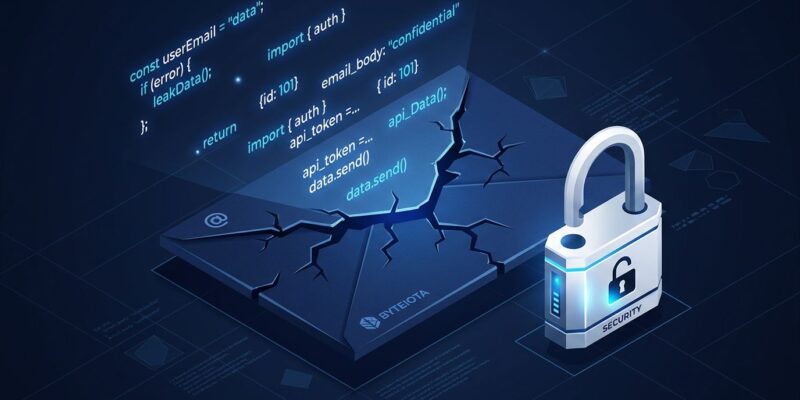 Cracked email envelope with JavaScript code fragments and open padlock representing Exchange OWA zero-day CVE-2026-42897