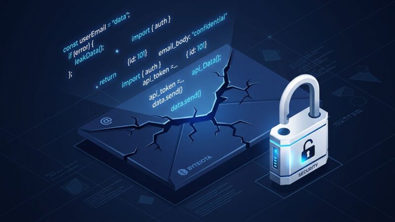 Cracked email envelope with JavaScript code fragments and open padlock representing Exchange OWA zero-day CVE-2026-42897