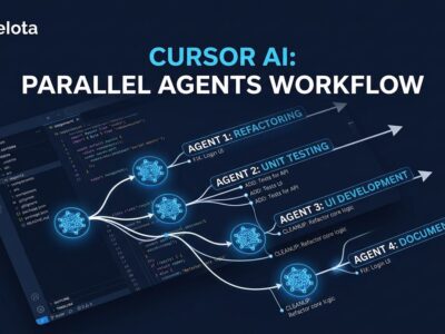 Cursor 3.3 parallel agents workflow visualization showing multiple code streams running simultaneously in a dark blue IDE interface