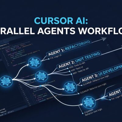 Cursor 3.3 parallel agents workflow visualization showing multiple code streams running simultaneously in a dark blue IDE interface