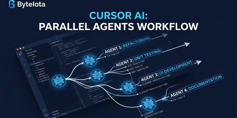 Cursor 3.3 parallel agents workflow visualization showing multiple code streams running simultaneously in a dark blue IDE interface